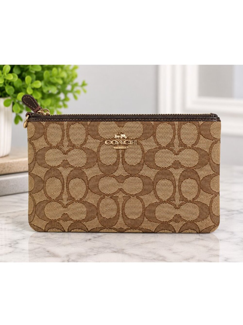 Coach Signature Jacquard Corner Zip Wristlet Pouch Khaki Brown Missing Strap